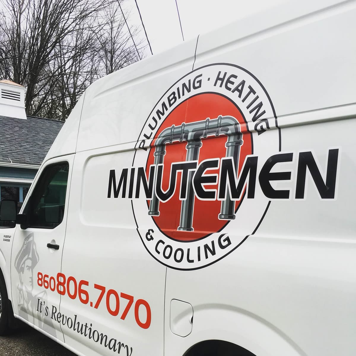 Minutemen Plumbing & Heating service van at a Litchfield County home